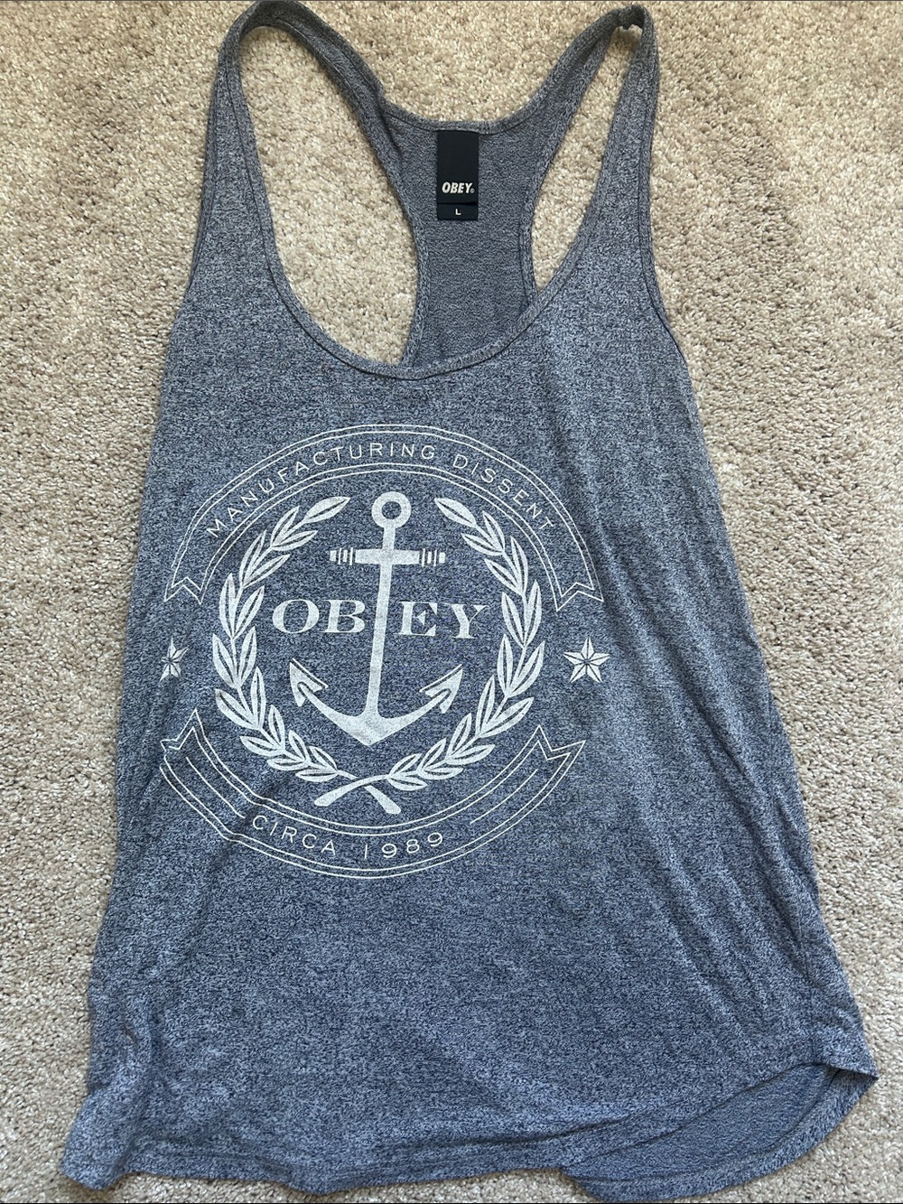 Obey Heather Gray Anchor Racerback Tank with White Crest